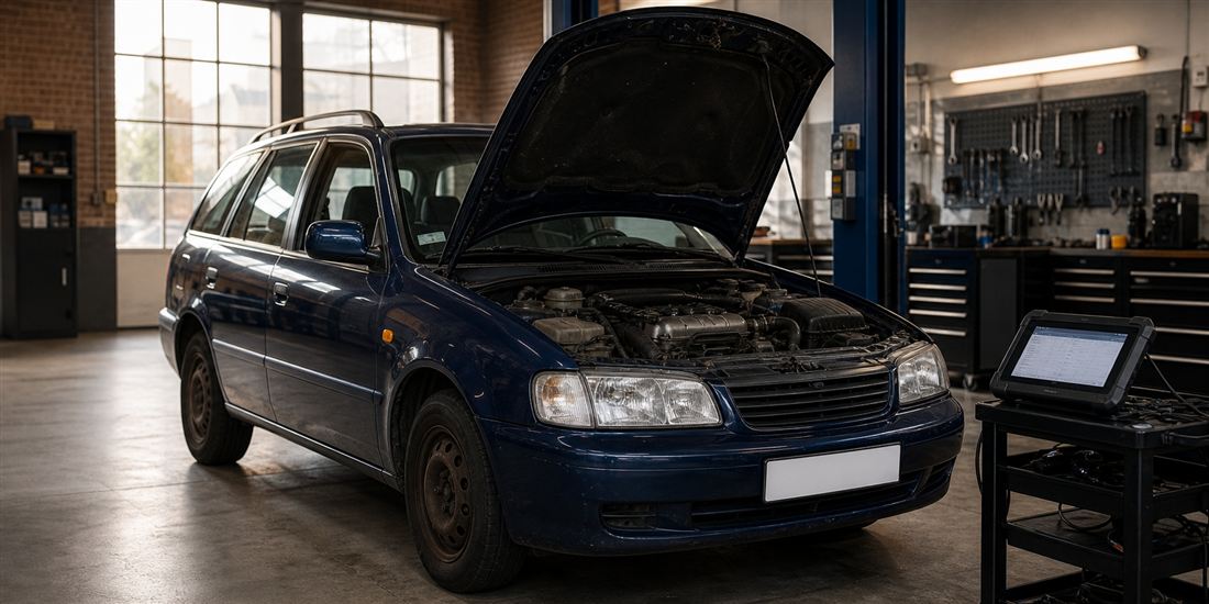 Fahrzeug mit geöffneter Motorhaube in einer Werkstattsituation